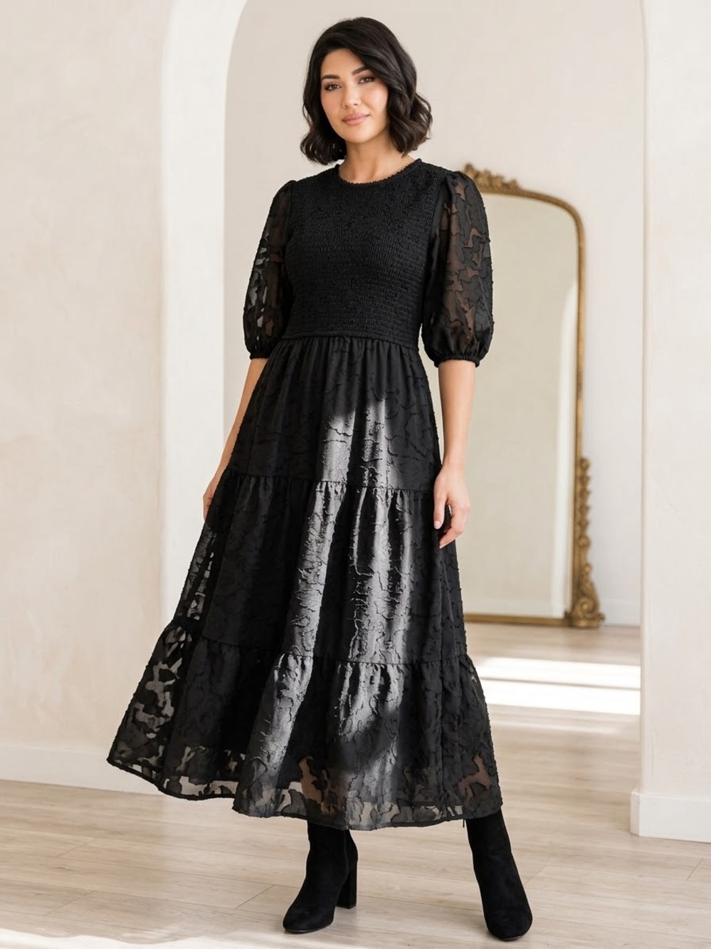 MEROKEETY Black Floral Textured Jacquard Smocked Tiered Maxi Dress L Whimsigoth